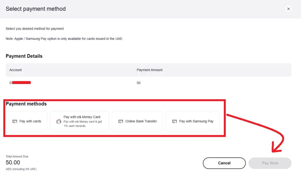 Choose payment methods for quick etisalat pay uae
